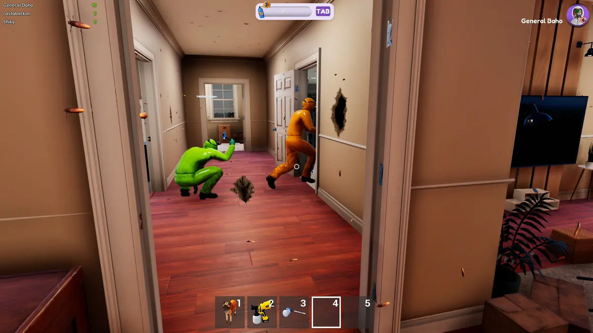 Official screenshot: two players in different hazmat suit colours working through a house together