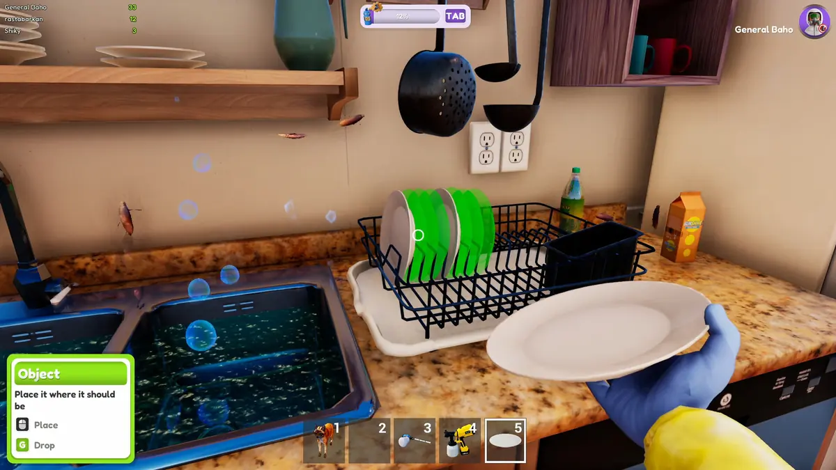 Official screenshot: a first-person view doing the dishes at a kitchen sink during a job